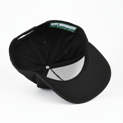 A black baseball cap shown from a three-quarters rear angle, featuring a structured blue crown, a curved brim, and a light gray mesh back panel, photographed on a seamless white background.