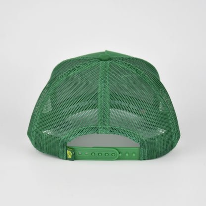A green mesh-back trucker cap shown from the back, featuring a green mesh back and an adjustable snap closure with WCCB label, photographed against a light gray studio background.