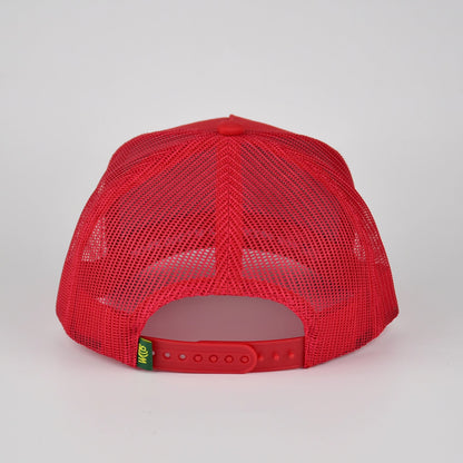 A red trucker-style mesh cap shown from the back, featuring a red fabric front panel, red mesh back, and an adjustable red snap closure with a small green and yellow WCCB tag.