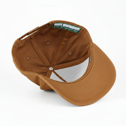 A brown baseball cap shown from a three-quarters rear angle, featuring a structured blue crown, a curved brim, and a light gray mesh back panel, photographed on a seamless white background.